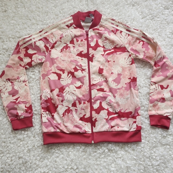 Adidas x Farm Rio Youth Girls L Red  Pink Floral Stripe Trefoil Zip Track Jacket - Picture 10 of 14